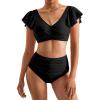 imageMOOSLOVER Women Ruffle High Waisted Bikini Sets Sexy Twist Push Up Two Piece SwimsuitBlack