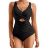 imageMOOSLOVER Women Twist Push Up One Piece Swimsuit Warp Tummy Control Bathing Suit SwimwearBlack