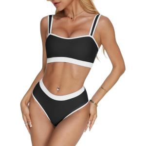 imageMOOSLOVER Women Bandeau High Waisted Bikini Sets Cheeky High Cut Swimsuit 2 Piece Bathing SuitsBlack