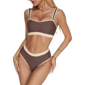 imageMOOSLOVER Women Bandeau High Waisted Bikini Sets Cheeky High Cut Swimsuit 2 Piece Bathing SuitsCocoa