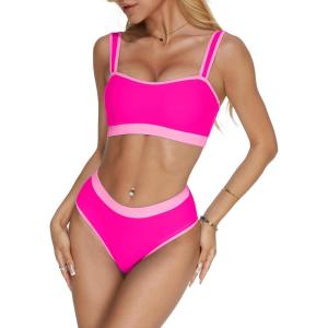 imageMOOSLOVER Women Bandeau High Waisted Bikini Sets Cheeky High Cut Swimsuit 2 Piece Bathing SuitsPink