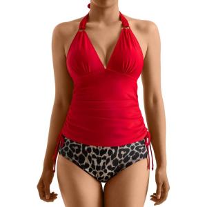 imageMOOSLOVER Women Halter Plunging Tankini Swimsuits High Waisted Two Piece Bathing Suits SwimwearRed Leopard