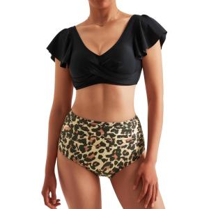 imageMOOSLOVER Women Ruffle High Waisted Bikini Sets Sexy Twist Push Up Two Piece SwimsuitLeopard Black