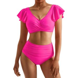 imageMOOSLOVER Women Ruffle High Waisted Bikini Sets Sexy Twist Push Up Two Piece SwimsuitPink