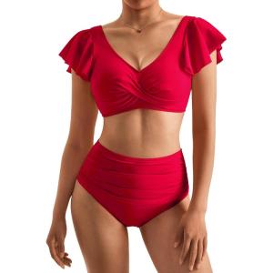 imageMOOSLOVER Women Ruffle High Waisted Bikini Sets Sexy Twist Push Up Two Piece SwimsuitRed