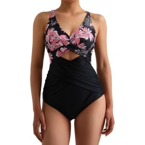 imageMOOSLOVER Women Twist Push Up One Piece Swimsuit Warp Tummy Control Bathing Suit SwimwearRed Floral