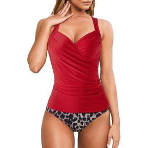 imageMOOSLOVER Women Twist V Neck Tankini Swimsuits High Wasited Two Piece Bathing Suits SwimwearRed Leopard