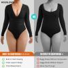 imageMOOSLOVER Women Shapewear Bodysuits Long Sleeve V Neck Tummy Control Body Suits Night Out Club Party TopsBlack