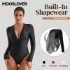 imageMOOSLOVER Women Shapewear Bodysuits Long Sleeve V Neck Tummy Control Body Suits Night Out Club Party TopsBlack