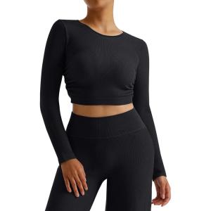 imageMOOSLOVER Women Long Sleeve Crop Tops Seamless Ribbed Shirts Fitted Going Out ShirtBlackscoop Neck