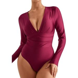 imageMOOSLOVER Women Shapewear Bodysuits Long Sleeve V Neck Tummy Control Body Suits Night Out Club Party TopsWinered
