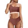 imageMOOSLOVER Women One Shoulder High Waisted Bikini Tie High Cut Two Piece SwimsuitsMocha