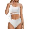 imageMOOSLOVER Women One Shoulder High Waisted Bikini Tie High Cut Two Piece SwimsuitsWhite