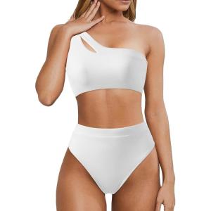 imageMOOSLOVER Women Cutout One Shoulder High Waisted Bikini High Cut Two Piece SwimsuitsWhite