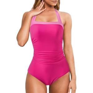 imageMOOSLOVER Women Halter One Piece Swimsuit Slimming Tummy Control Summer Beach Bathing Suits SwimwearPink