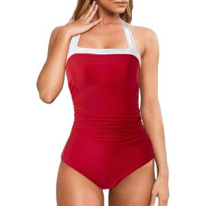 imageMOOSLOVER Women Halter One Piece Swimsuit Slimming Tummy Control Summer Beach Bathing Suits SwimwearRed