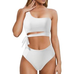 imageMOOSLOVER Women One Shoulder High Waisted Bikini Tie High Cut Two Piece SwimsuitsWhite