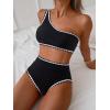 imageMOOSLOVER Women Bikini Sets One Shoulder High Waisted Swimsuit Whip Stitch 2 Piece Bathing SuitsBlack