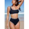imageMOOSLOVER Women Bikini Sets One Shoulder High Waisted Swimsuit Whip Stitch 2 Piece Bathing SuitsBlack