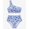 imageMOOSLOVER Women Bikini Sets One Shoulder High Waisted Swimsuit Whip Stitch 2 Piece Bathing SuitsBlue Floral