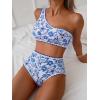 imageMOOSLOVER Women Bikini Sets One Shoulder High Waisted Swimsuit Whip Stitch 2 Piece Bathing SuitsBlue Floral