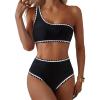 imageMOOSLOVER Women Bikini Sets One Shoulder High Waisted Swimsuit Whip Stitch 2 Piece Bathing SuitsBlack