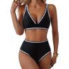 imageMOOSLOVER Women Bikini Sets Plunging High Waisted Swimsuit Whip Stitch 2 Piece Bathing SuitsBlack