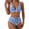 imageMOOSLOVER Women Bikini Sets Plunging High Waisted Swimsuit Whip Stitch 2 Piece Bathing SuitsBlue Floral