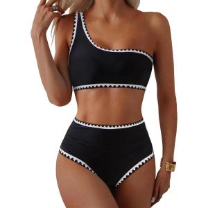 imageMOOSLOVER Women Bikini Sets One Shoulder High Waisted Swimsuit Whip Stitch 2 Piece Bathing SuitsBlack