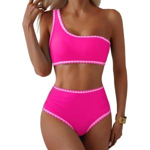imageMOOSLOVER Women Bikini Sets One Shoulder High Waisted Swimsuit Whip Stitch 2 Piece Bathing SuitsRose Pink
