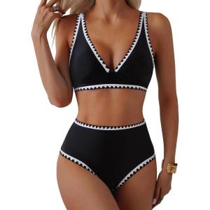 imageMOOSLOVER Women Bikini Sets Plunging High Waisted Swimsuit Whip Stitch 2 Piece Bathing SuitsBlack