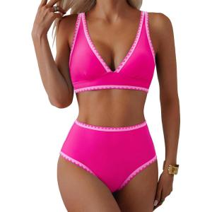 imageMOOSLOVER Women Bikini Sets Plunging High Waisted Swimsuit Whip Stitch 2 Piece Bathing SuitsPink