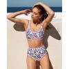 imageMOOSLOVER Women Boho Floral Whip Stitch Bikini Sets Crop High Waisted 2 Piece Swimsuit Modest Bathing SuitRed Floral