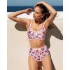 imageMOOSLOVER Women Boho Floral Whip Stitch Bikini Sets Crop High Waisted 2 Piece Swimsuit Modest Bathing SuitRedorange Floral