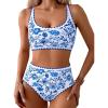 imageMOOSLOVER Women Boho Floral Whip Stitch Bikini Sets Crop High Waisted 2 Piece Swimsuit Modest Bathing SuitBlue Floral