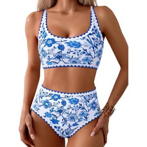 imageMOOSLOVER Women Boho Floral Whip Stitch Bikini Sets Crop High Waisted 2 Piece Swimsuit Modest Bathing SuitBlue Floral