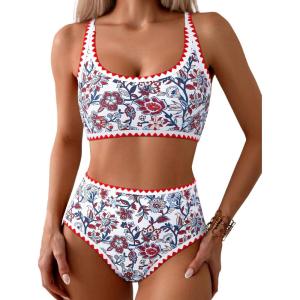 imageMOOSLOVER Women Boho Floral Whip Stitch Bikini Sets Crop High Waisted 2 Piece Swimsuit Modest Bathing SuitRed Floral