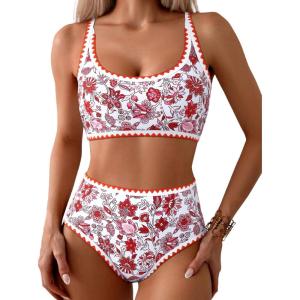 imageMOOSLOVER Women Boho Floral Whip Stitch Bikini Sets Crop High Waisted 2 Piece Swimsuit Modest Bathing SuitRedorange Floral
