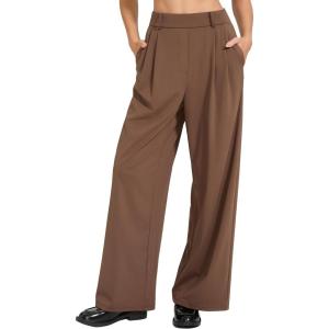 imageMOOSLOVER Women Casual Wide Leg Dress Pants Stretch Pull On High Waist Loose Fit Trousers with PocketsBrown