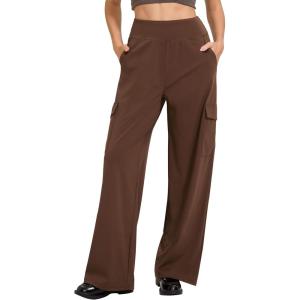 imageMOOSLOVER Women Wide Leg Cargo Pants with Pokets High Wiaisted Stretch Lounge Palazzo Casual Work TrousersCoffee