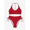 imageMOOSLOVER Women Halter Bikini Sets Drawstring High Cut Two Piece Swimsuit Tummy Control Bathing SuitRed