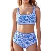 imageMOOSLOVER Women High Waisted Bikini Sets Full Coverage Two Piece Swimsuit Retro Floral Modest Bathing SuitBlue Floral