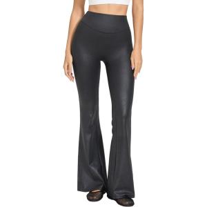 imageMOOSLOVER Women Faux Leather Flare Leggings Stretch PU Coated High Waisted Bell Bottom PantsBlack