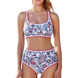 imageMOOSLOVER Women High Waisted Bikini Sets Full Coverage Two Piece Swimsuit Retro Floral Modest Bathing SuitRed Floral