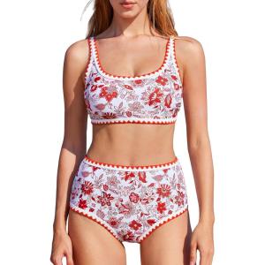 imageMOOSLOVER Women High Waisted Bikini Sets Full Coverage Two Piece Swimsuit Retro Floral Modest Bathing SuitRedorange Floral