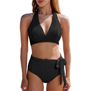 imageMOOSLOVER Women High Waisted Bikini Sets Push Up Halter Two Piece Swimsuit Tummy Control Bathing SuitBlack