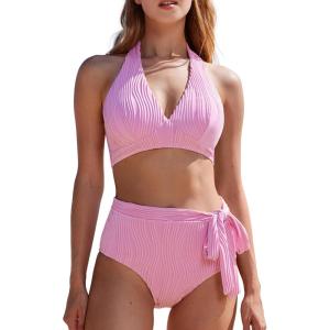 imageMOOSLOVER Women High Waisted Bikini Sets Push Up Halter Two Piece Swimsuit Tummy Control Bathing SuitLight Pink