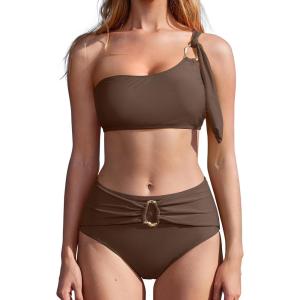 imageMOOSLOVER Women One Shoulder Bikini Sets High Waisted Two Piece Swimsuits Modest Bathing SuitCoffee