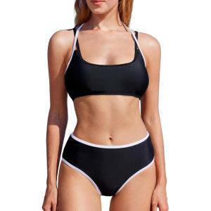 imageMOOSLOVER Women Sporty Two Piece Swimsuits High Waisted Bikini Sets Color Block Bathing SuitBlack