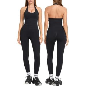 imageMOOSLOVER Women 2 Piece Workout Sets Halter Sports Bra Butt Lifting Leggings Gym Yoga OutfitsBlack